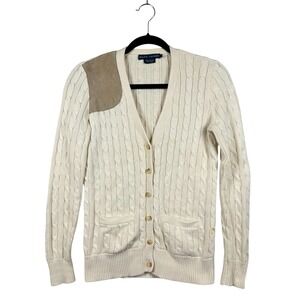 Ralph Lauren Women's‎ Sz S Cardigan Cable Knit Button Front Leather Patch Detail